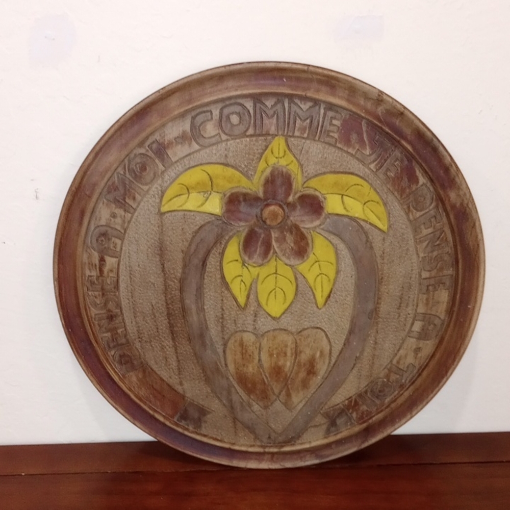 Haiti Wood Folk Art Plate - "Think of me as I think of you" 15 inches - Vintage